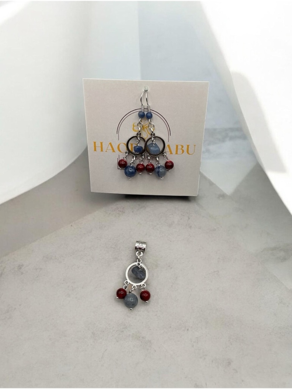 Blue and Red Beaded Drop Earrings and Pendant Set
